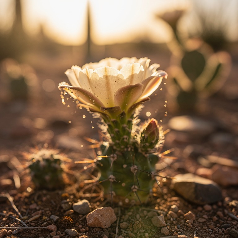 A macro shot of a Peyote cactus flower, backlit by warm, gol... | ShopAyahuascaRetreats