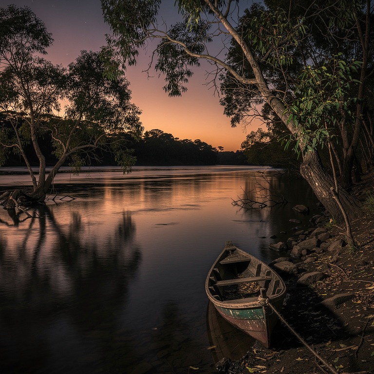 A peaceful riverbank at dusk, with a few trees leaning over ... | ShopAyahuascaRetreats
