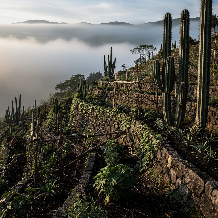 A serene landscape of a terraced hillsides with rows of vari... | ShopAyahuascaRetreats
