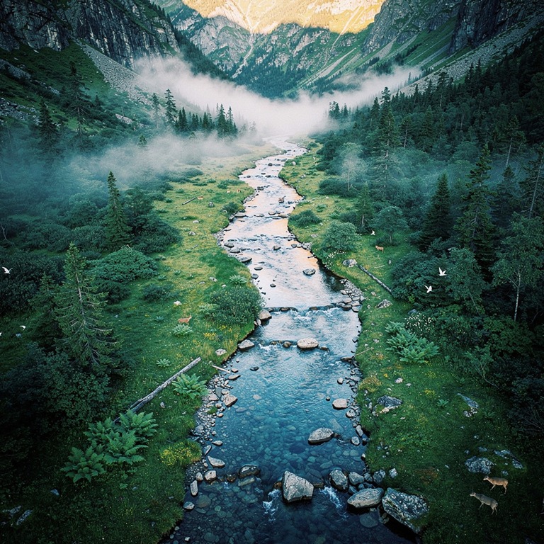 A serene, misty mountain valley at dawn, with a gentle strea... | ShopAyahuascaRetreats