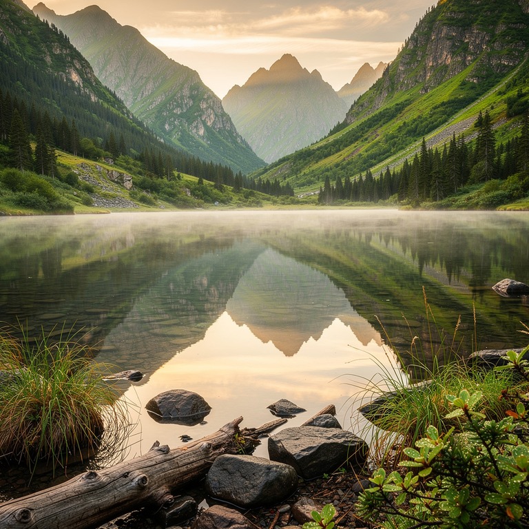 A serene mountain lake at dawn, reflecting a perfectly clear... | ShopAyahuascaRetreats