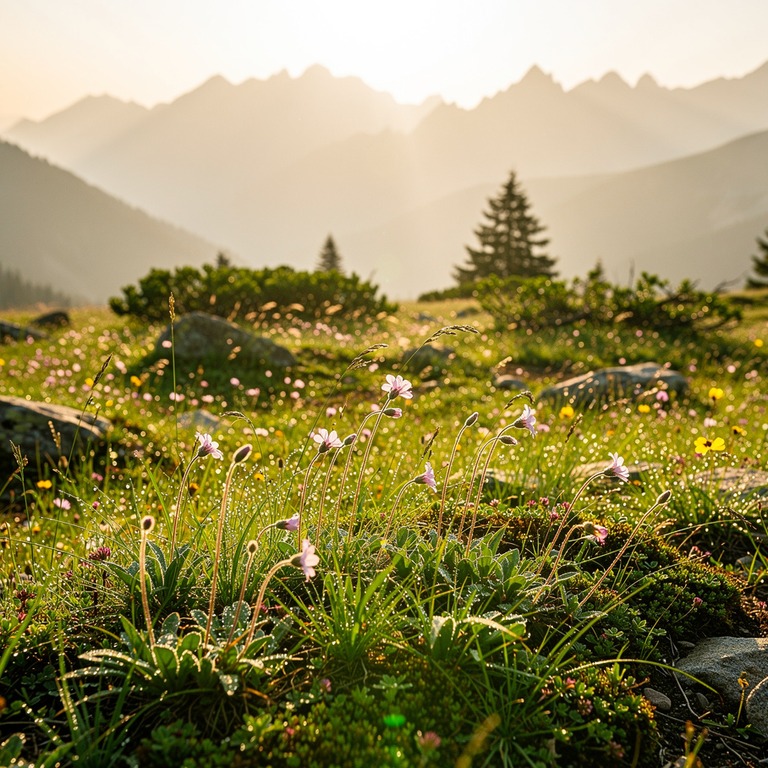 A serene mountain meadow at sunrise, with dew-kissed wildflo... | ShopAyahuascaRetreats