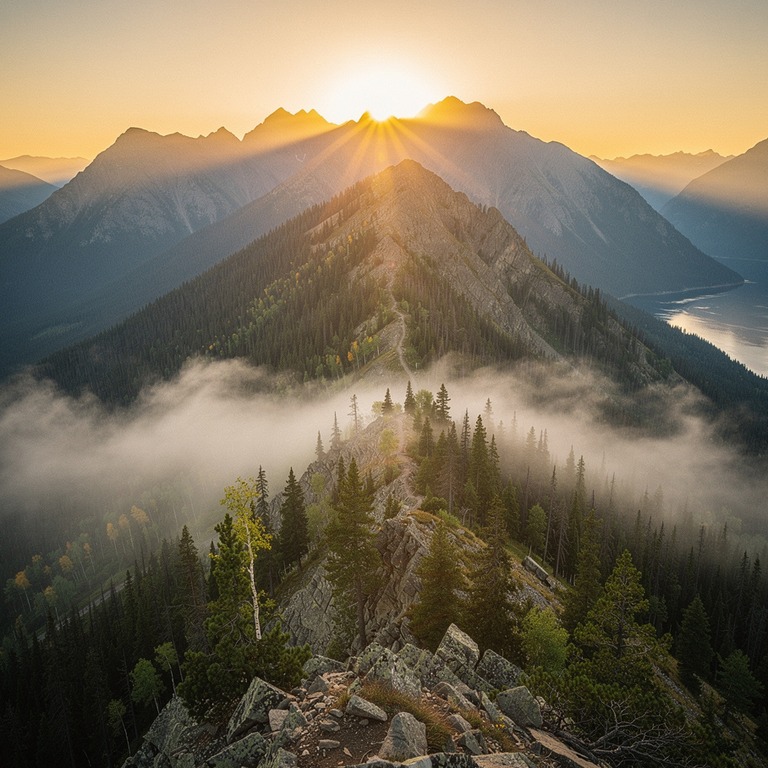 A serene mountain ridge at sunrise, with a gentle mist lifti... | ShopAyahuascaRetreats