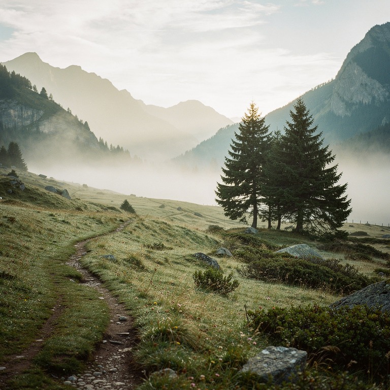 A serene mountain valley at dawn, with misty fog rolling in ... | ShopAyahuascaRetreats