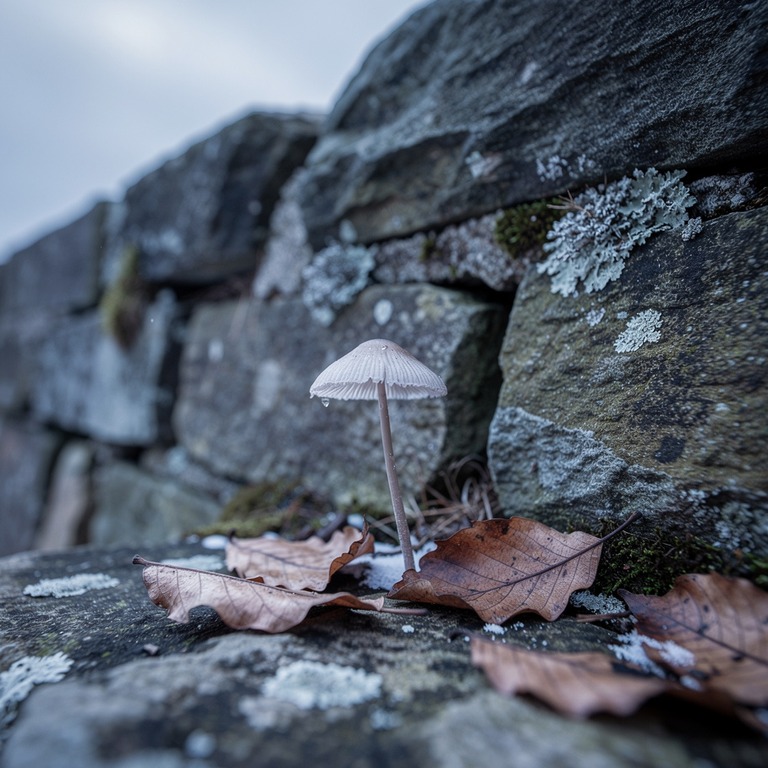 A small, delicate mushroom grows out of a crack in a worn, a... | ShopAyahuascaRetreats