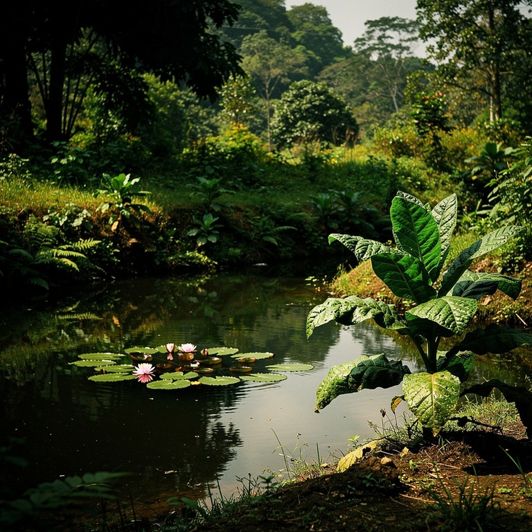 A small, serene pond reflects the surrounding lush greenery,... | ShopAyahuascaRetreats