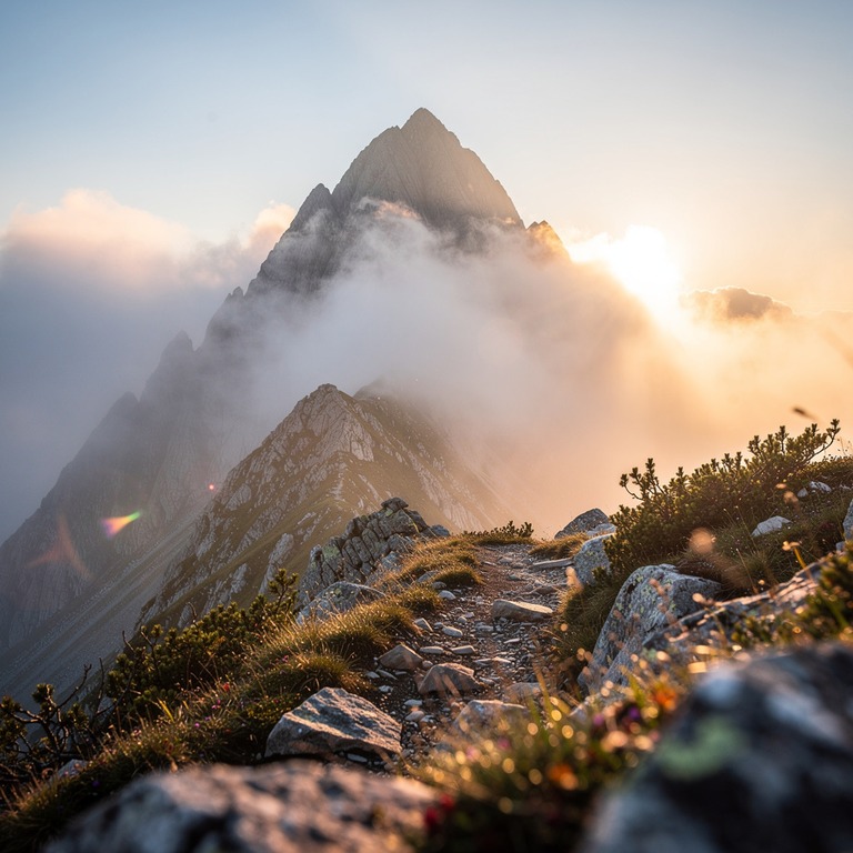 A solitary mountain peak at sunrise, shrouded in mist, with ... | ShopAyahuascaRetreats