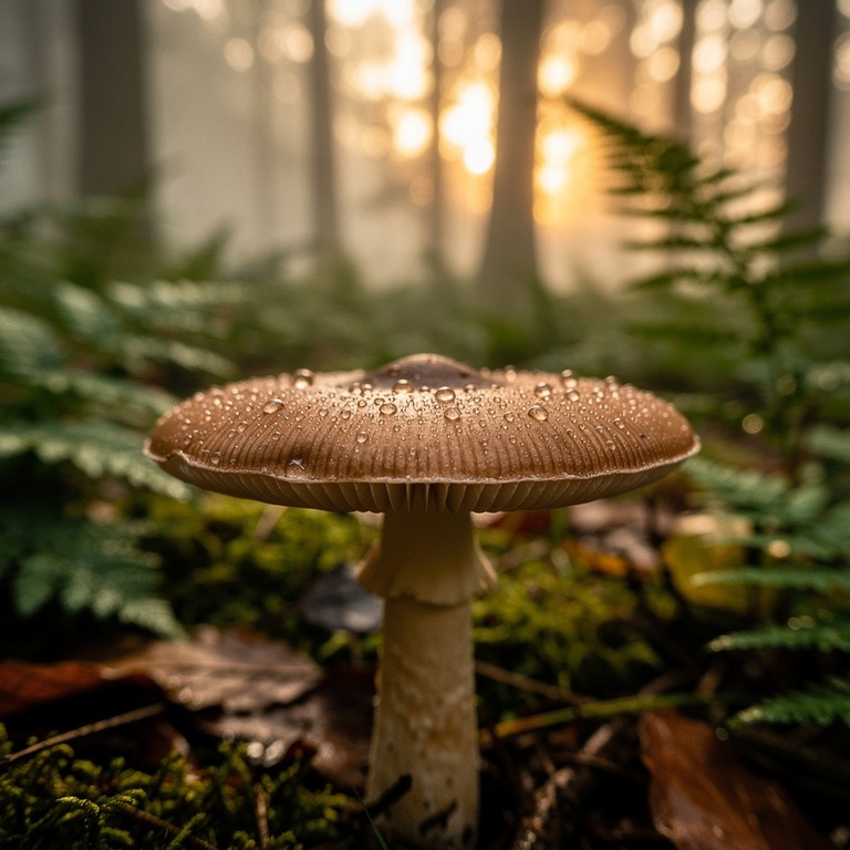 A solitary psilocybin mushroom grows in a misty, dawn-lit fo... | ShopAyahuascaRetreats