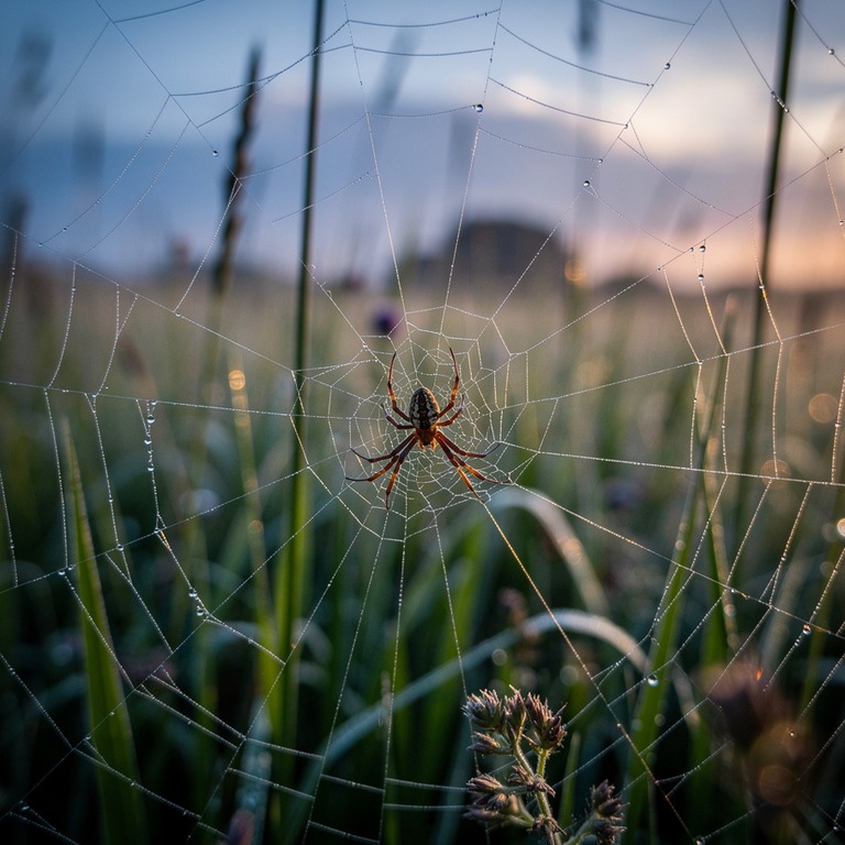 A solitary spider spinning its web in a dewy morning meadow,... | ShopAyahuascaRetreats