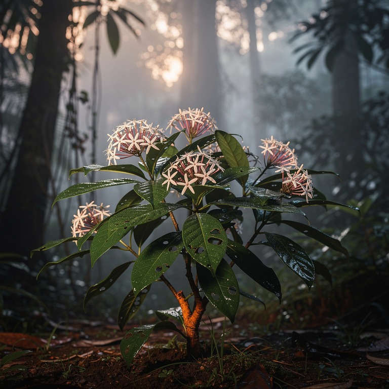 A Tabernanthe iboga plant in full bloom, set against a misty... | ShopAyahuascaRetreats