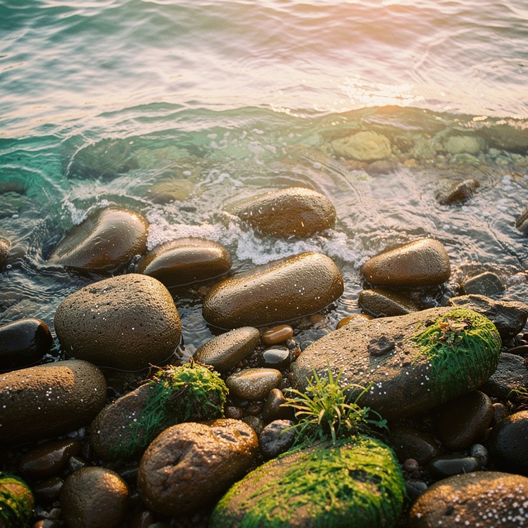 A tranquil, rocky shoreline at sunset, with waves gently lap... | ShopAyahuascaRetreats