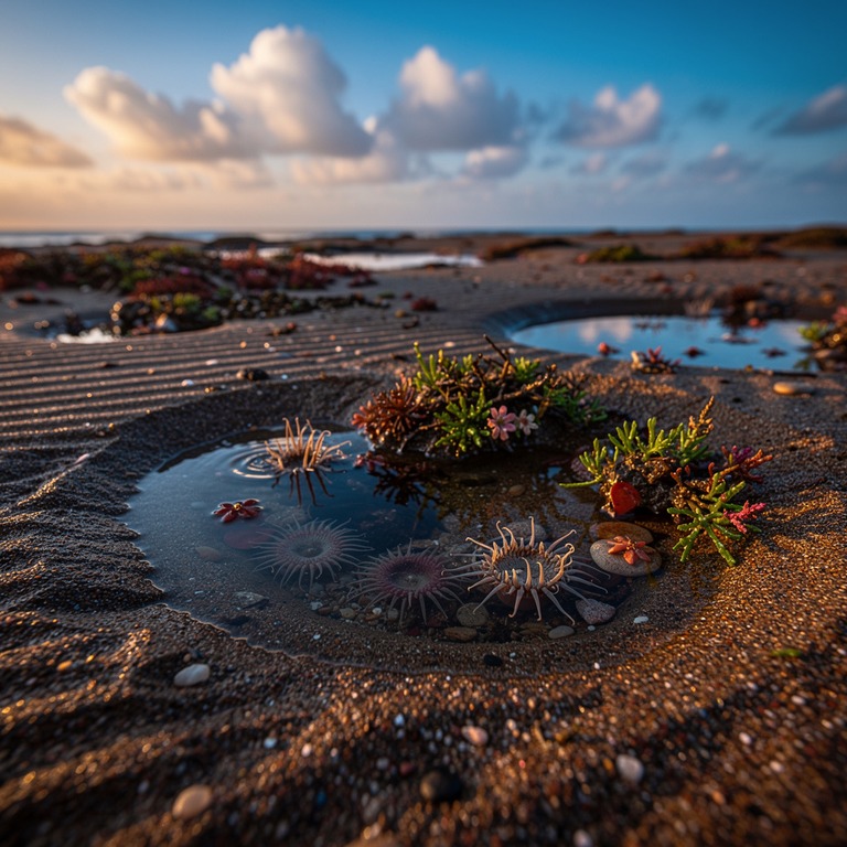 A tranquil, sandy cove at low tide with tidal pools and anem... | ShopAyahuascaRetreats