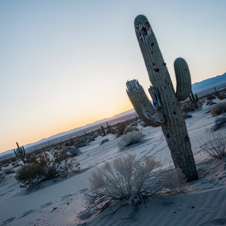 A vast, serene desert landscape at sunset, with a single, an... | ShopAyahuascaRetreats