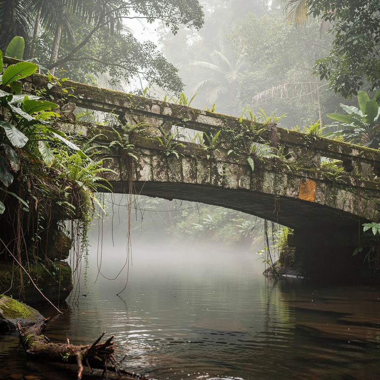 Ancient stone bridge over a quiet jungle stream, soft fog | ShopAyahuascaRetreats