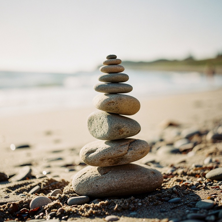 Cairn of smooth river stones on a quiet beach | ShopAyahuascaRetreats