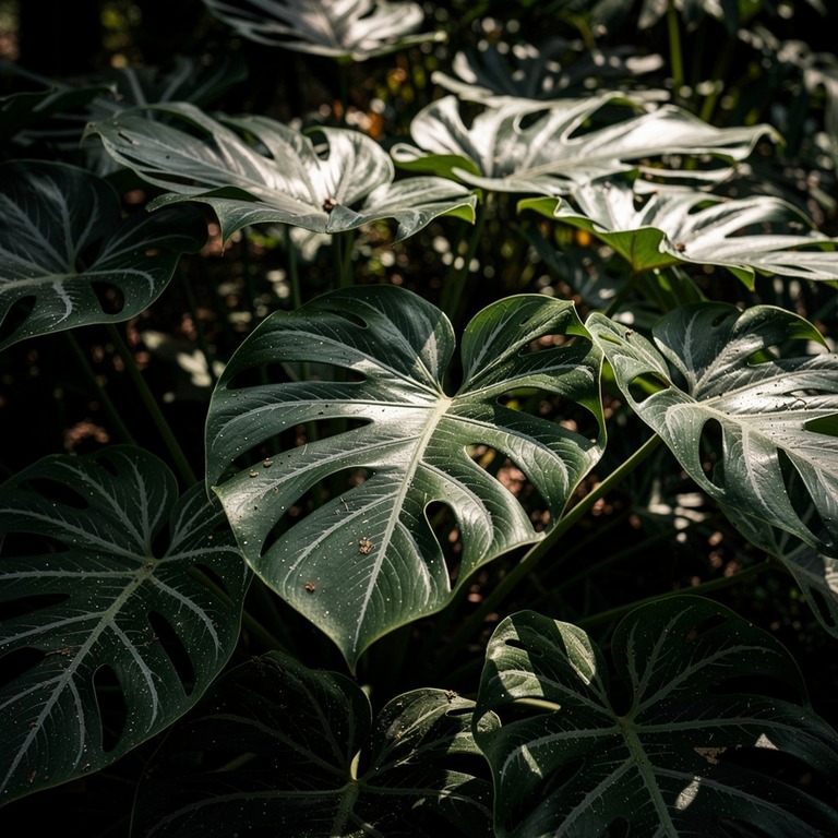 Cluster of philodendron leaves with deep green and silver ve... | ShopAyahuascaRetreats