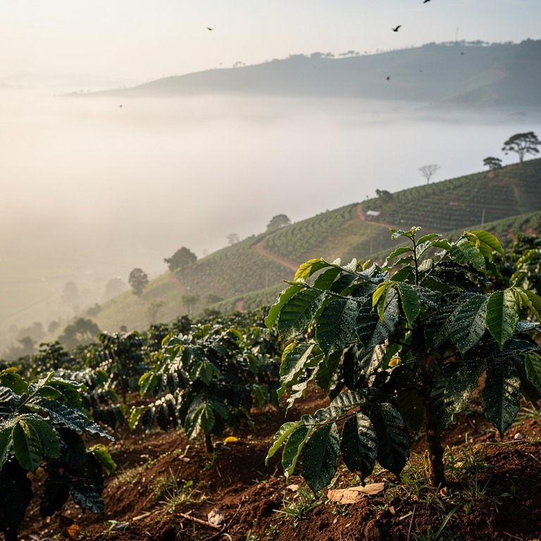 Coffee plantation hillside at dawn, mist between rows of pla... | ShopAyahuascaRetreats