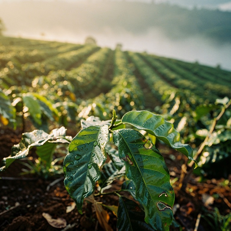 Coffee plantation hillside at dawn, mist between rows of pla... | ShopAyahuascaRetreats