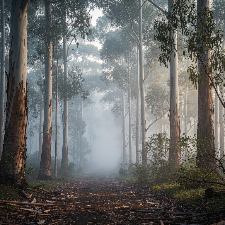 Eucalyptus grove at sunrise, peeling bark and silver leaves | ShopAyahuascaRetreats