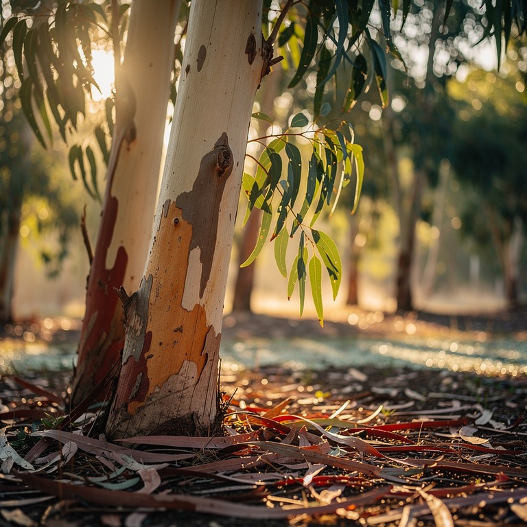 Eucalyptus grove at sunrise, peeling bark and silver leaves | ShopAyahuascaRetreats