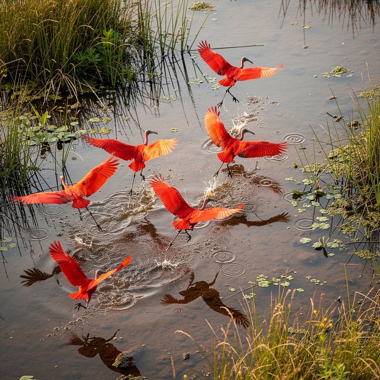 Flock of scarlet ibises taking off from a marshland | ShopAyahuascaRetreats