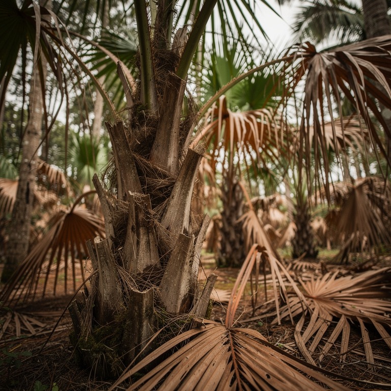 Heart of palm tree grove in a clearing, slender trunks reach... | ShopAyahuascaRetreats