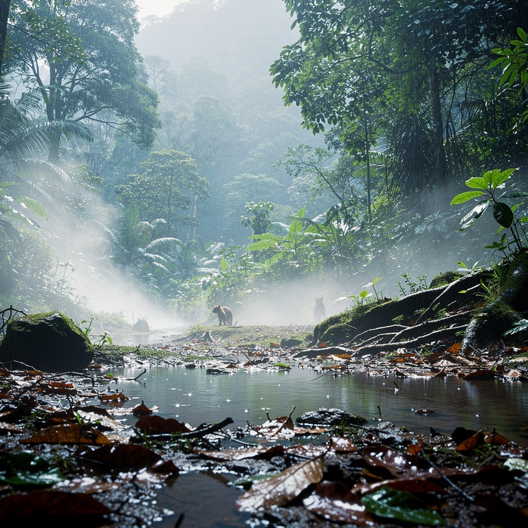 Jungle clearing after heavy rain, steam rising from leaf lit... | ShopAyahuascaRetreats