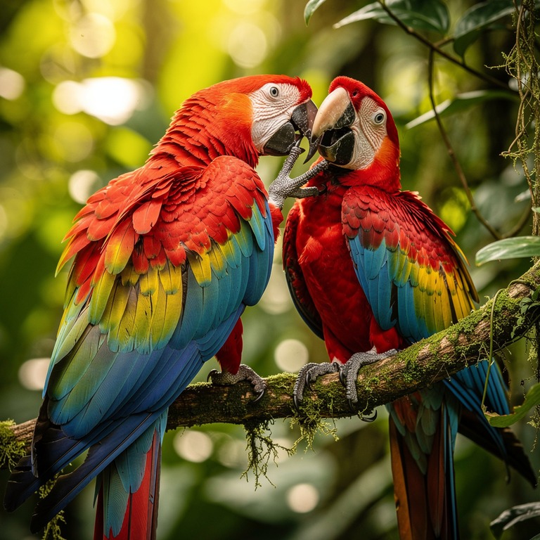 Macaws preening on a jungle vine, wings showing red and blue | ShopAyahuascaRetreats