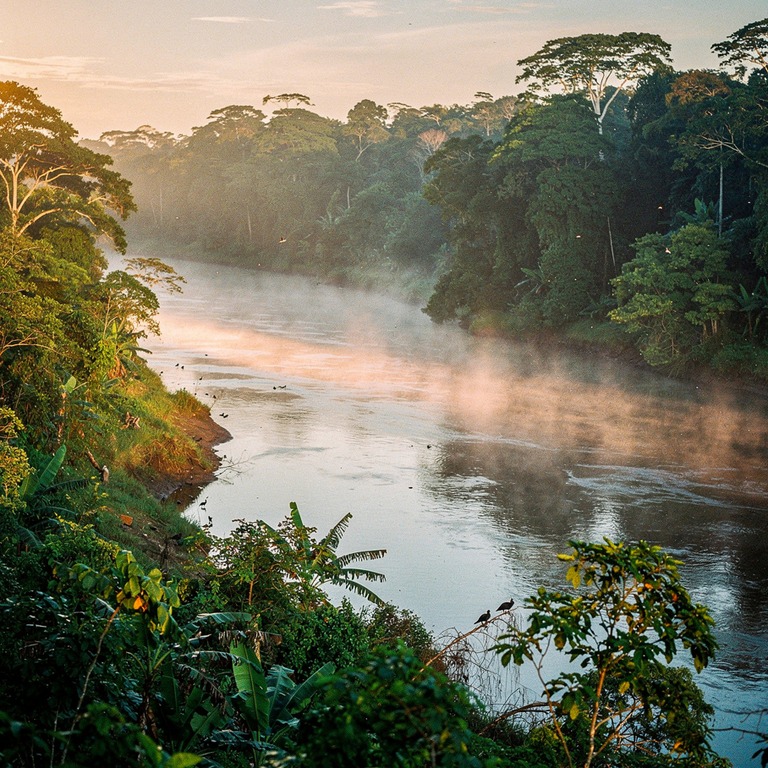 Misty Amazonian river snaking between dense forested banks a... | ShopAyahuascaRetreats