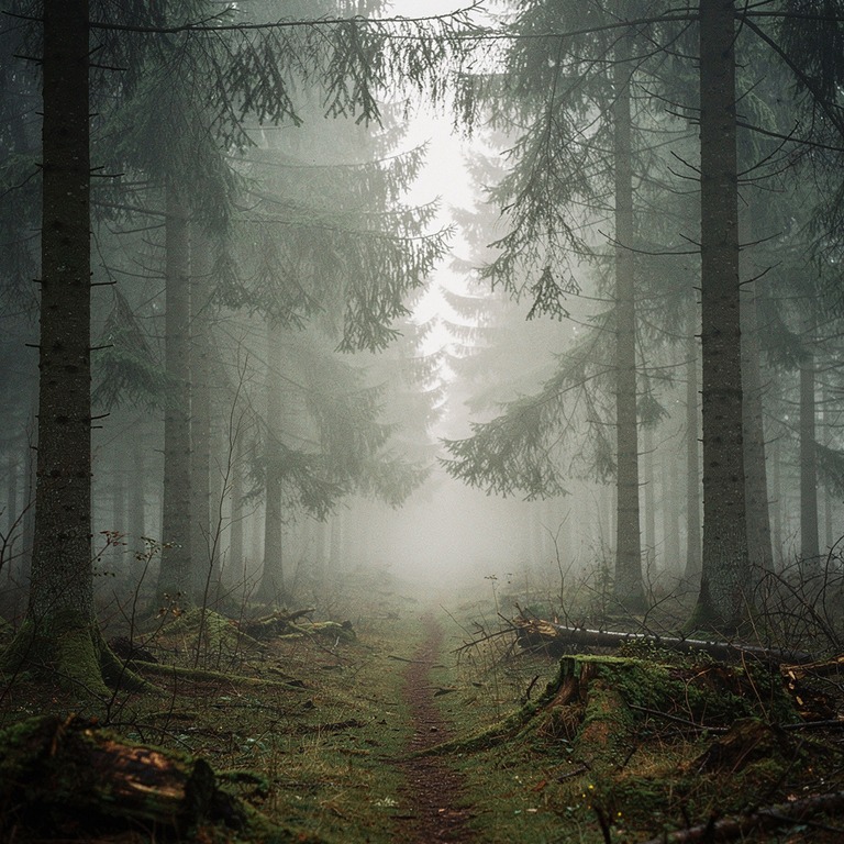 Misty fir forest at dawn, layered silhouettes | ShopAyahuascaRetreats