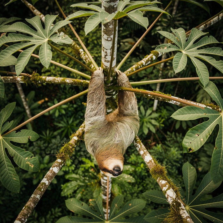 Sloth hanging upside-down from a cecropia branch | ShopAyahuascaRetreats