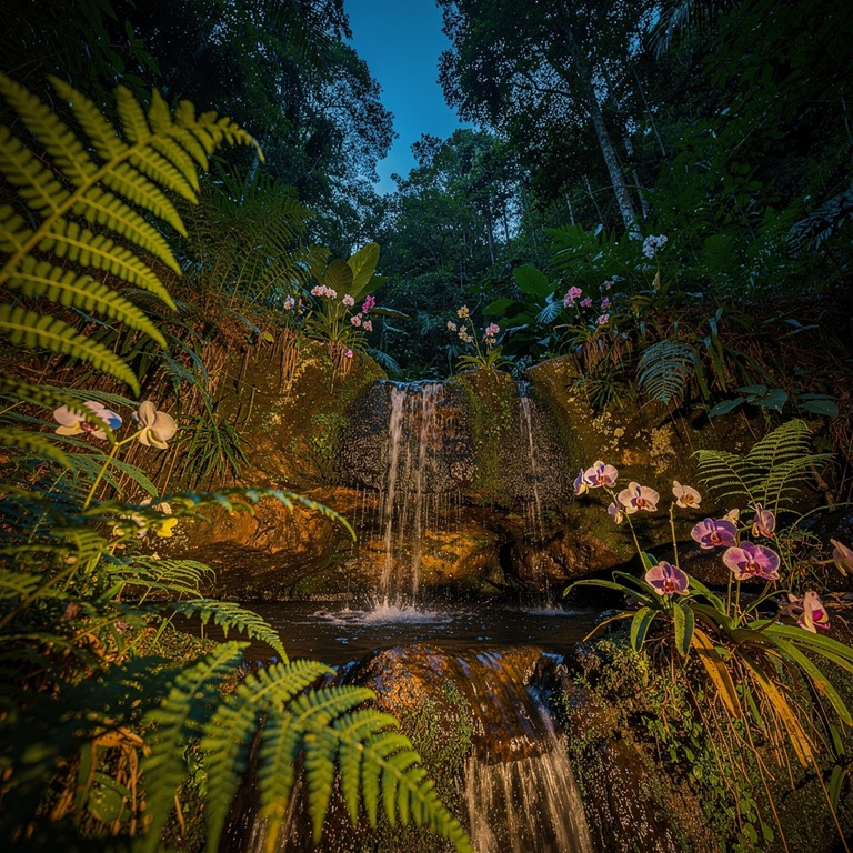 Small waterfall hidden in jungle, framed by ferns and orchid... | ShopAyahuascaRetreats