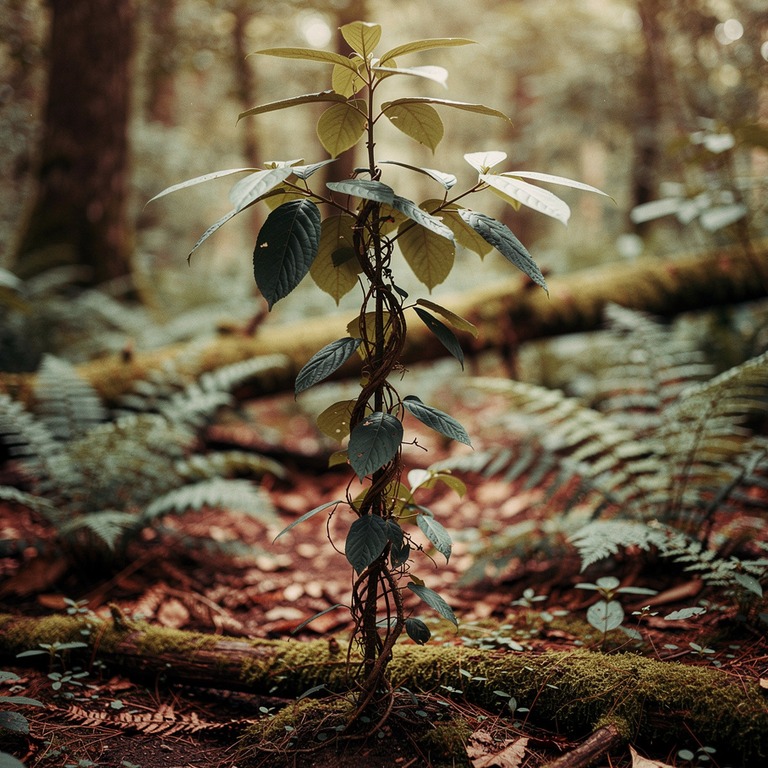 Tangle of climbing vines wrapping a young sapling, forest un... | ShopAyahuascaRetreats