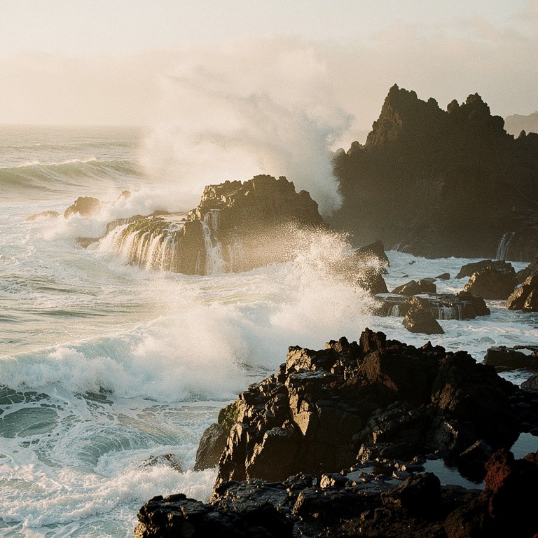 Waves breaking on dark volcanic rock at golden hour | ShopAyahuascaRetreats
