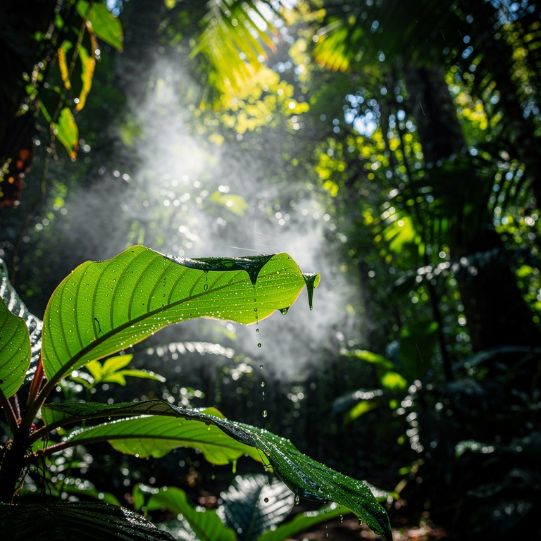 Wisps of steam rising from wet rainforest leaves after a dow... | ShopAyahuascaRetreats