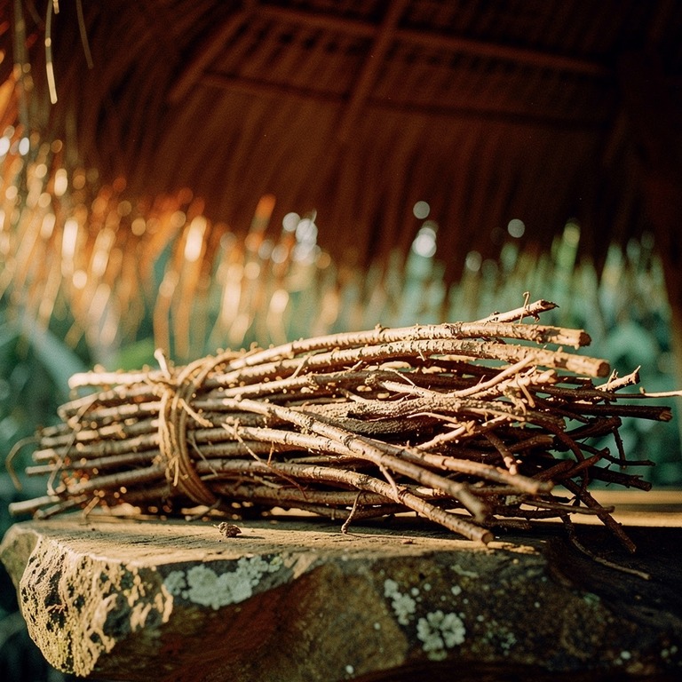 A bundle of dried ayahuasca vines lies on a natural stone su... | ShopAyahuascaRetreats