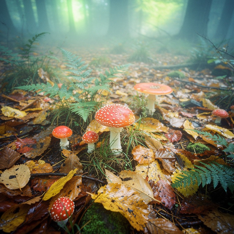 A carpet of autumn leaves and ferns covers the forest floor,... | ShopAyahuascaRetreats