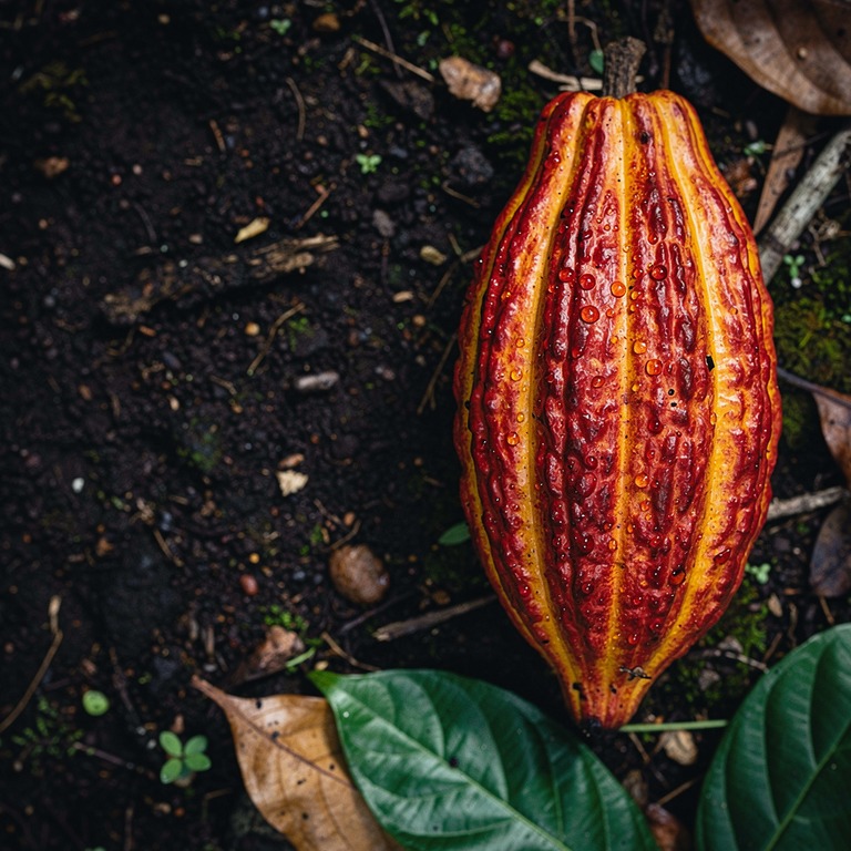 A close-up of a cacao pod, its vibrant red and yellow hues g... | ShopAyahuascaRetreats