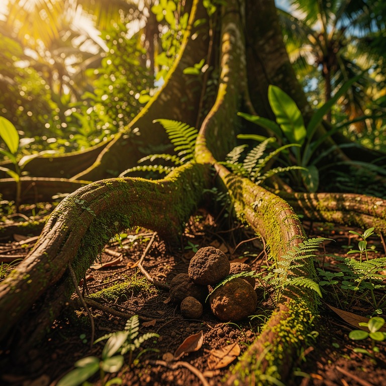 A cluster of truffles lies nestled among the roots of an anc... | ShopAyahuascaRetreats