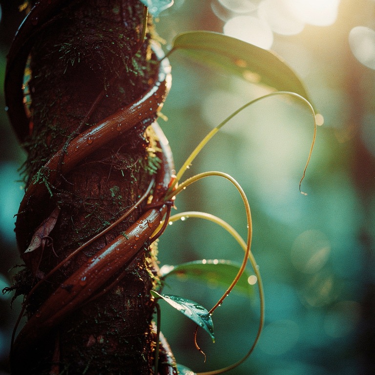 A macro shot of a vibrant ayahuasca vine wrapped around a tr... | ShopAyahuascaRetreats