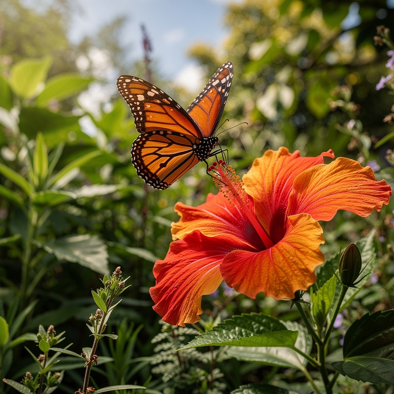 A monarch butterfly sips nectar from a vibrant hibiscus flow... | ShopAyahuascaRetreats