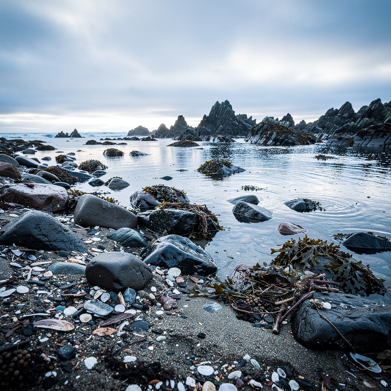 A rugged, rocky shoreline at low tide, with a few scattered ... | ShopAyahuascaRetreats