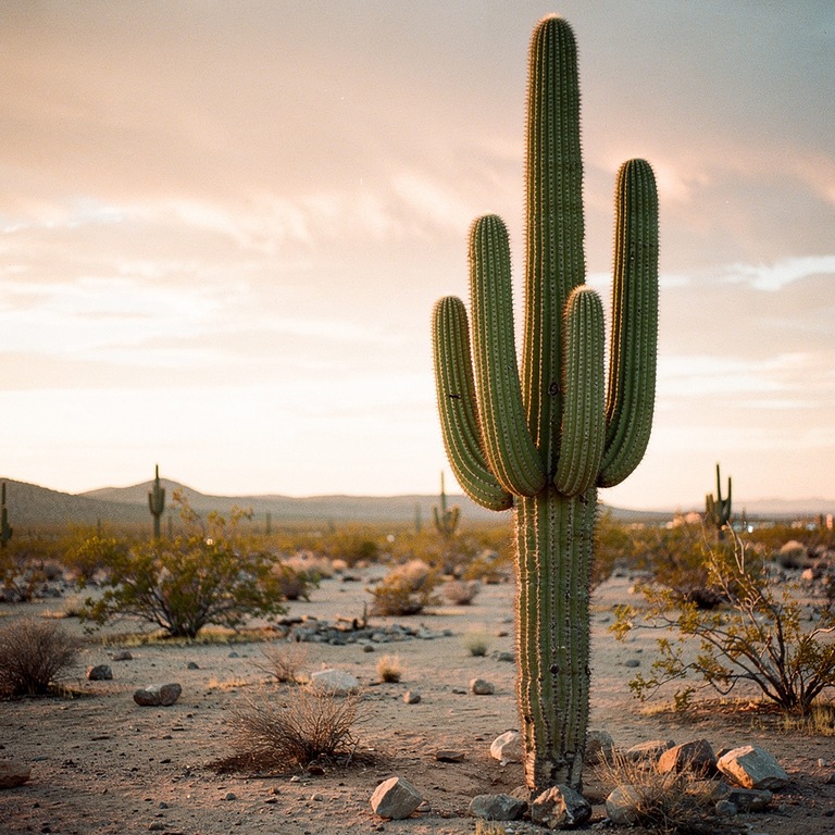 A San Pedro cactus stands tall in a desert landscape at suns... | ShopAyahuascaRetreats