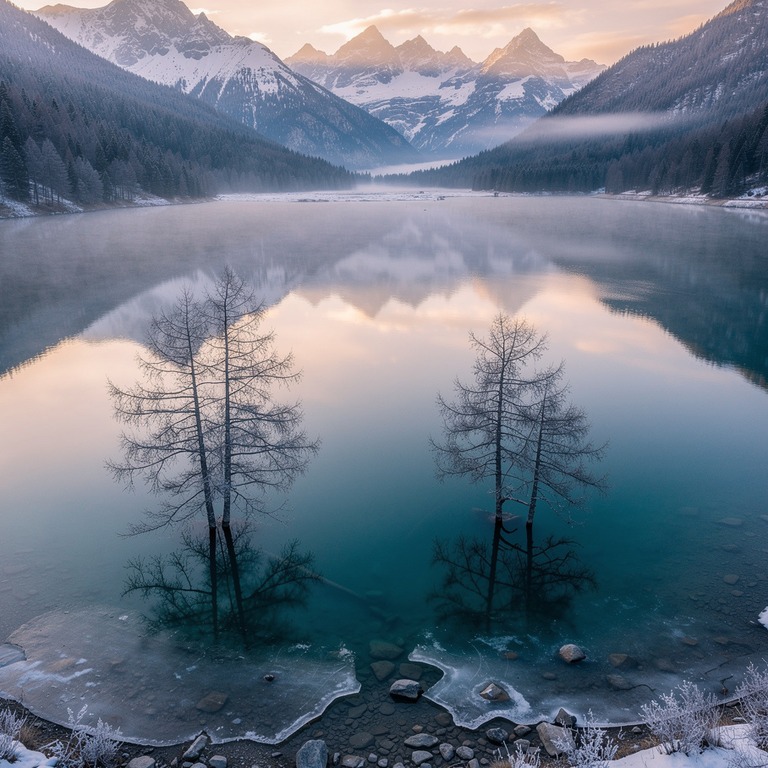 A serene, icy mountain lake at dawn, with a few bare trees r... | ShopAyahuascaRetreats