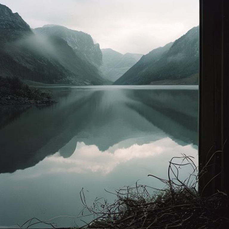 A serene, misty mountain lake at dawn, with the surrounding ... | ShopAyahuascaRetreats