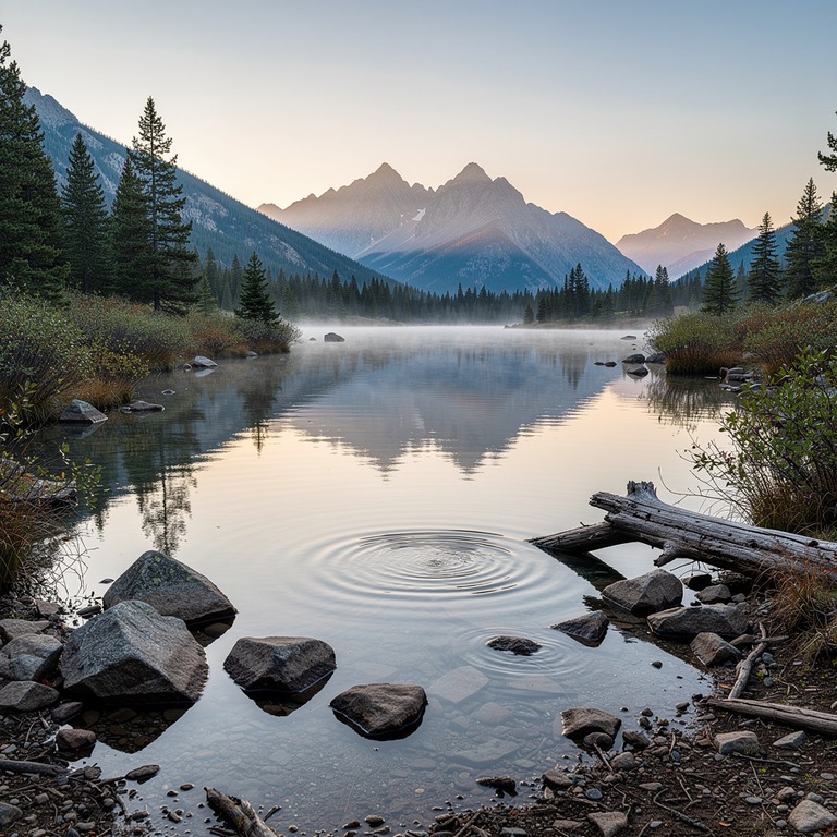 A serene mountain lake at dawn, with a few rocks and driftwo... | ShopAyahuascaRetreats