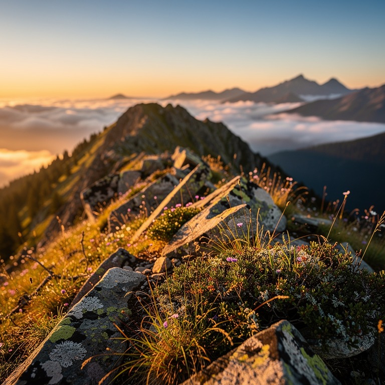 A serene mountain ridge at sunrise, with misty valleys below... | ShopAyahuascaRetreats