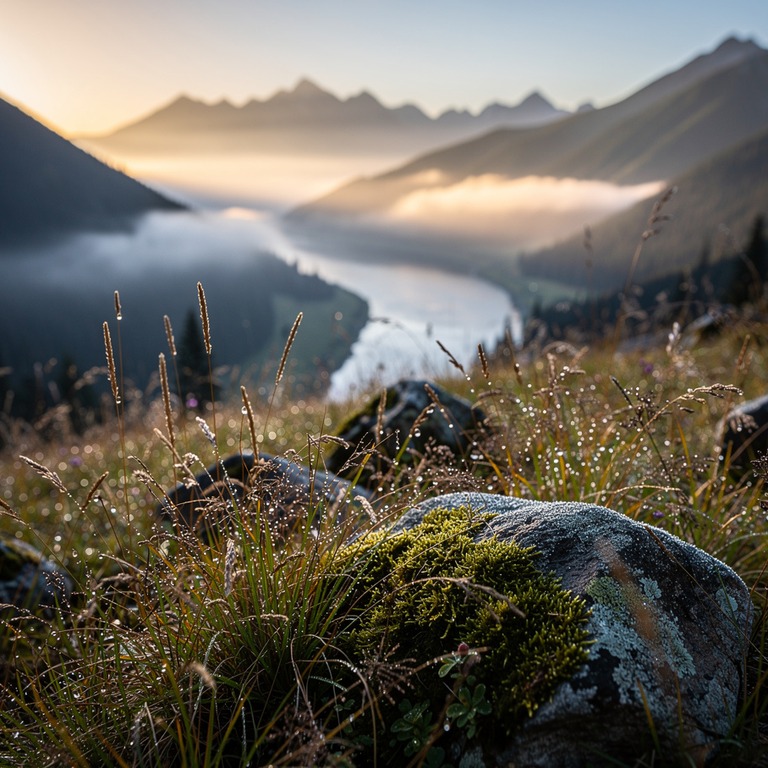A serene mountain valley at dawn, with mist rising from the ... | ShopAyahuascaRetreats