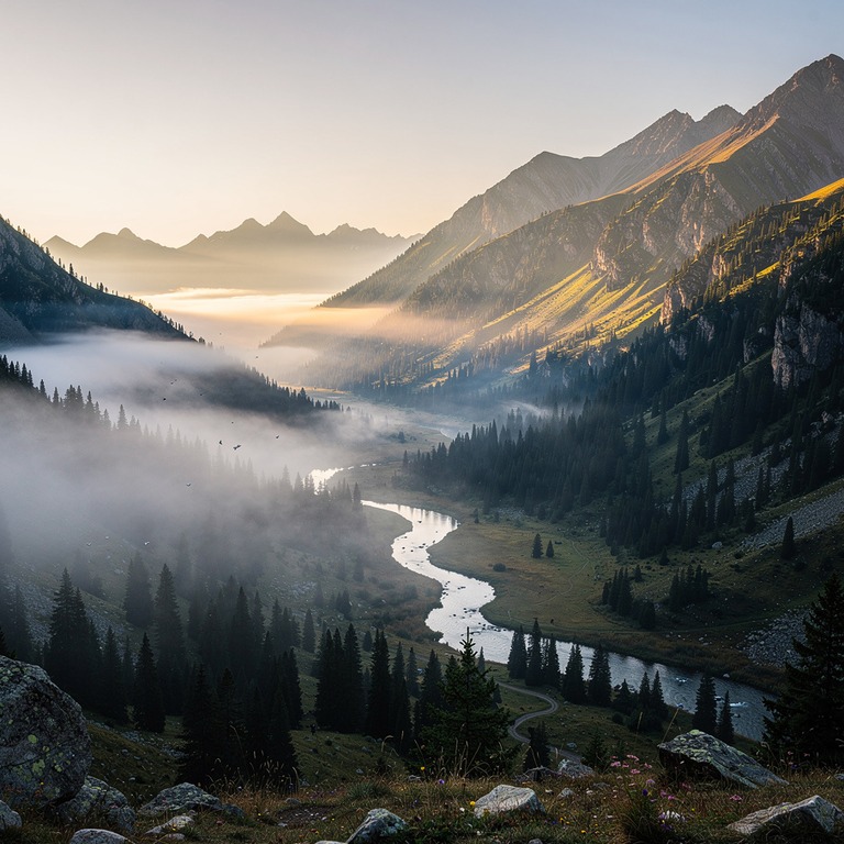 A serene mountain valley at dawn, with misty fog rolling in ... | ShopAyahuascaRetreats