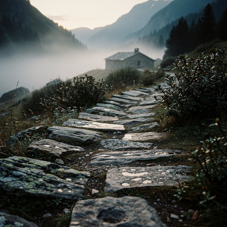 A serene mountain valley at dawn, with misty fog rolling in ... | ShopAyahuascaRetreats